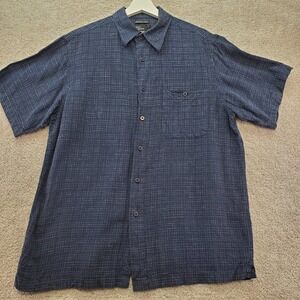 Marc Edwards Linen Blend Shirt Mens Large Navy Grid Classic Coastal Academia